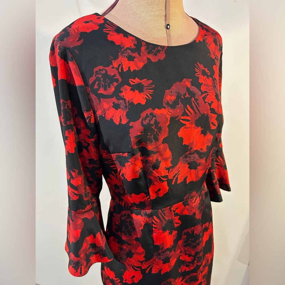 Cynthia Steffe Floral Ruffle Sleeve Sheath Dress Red Black Size 2 - Picture 12 of 14